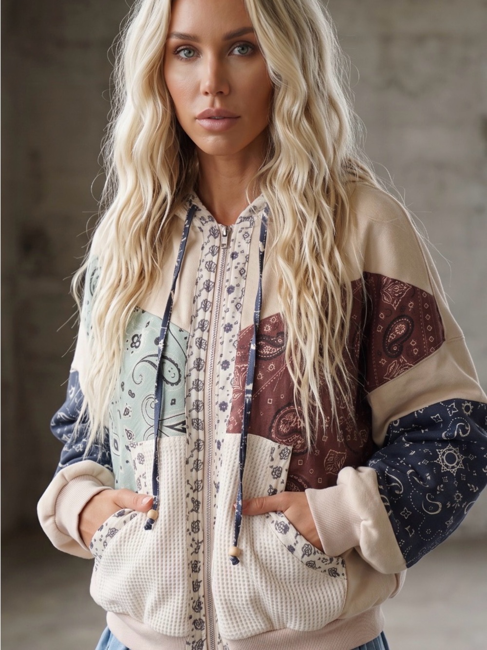 NWT Blue B Bandana Print Boho Western Paisley Mixed Media Hoodie Shacket Jacket